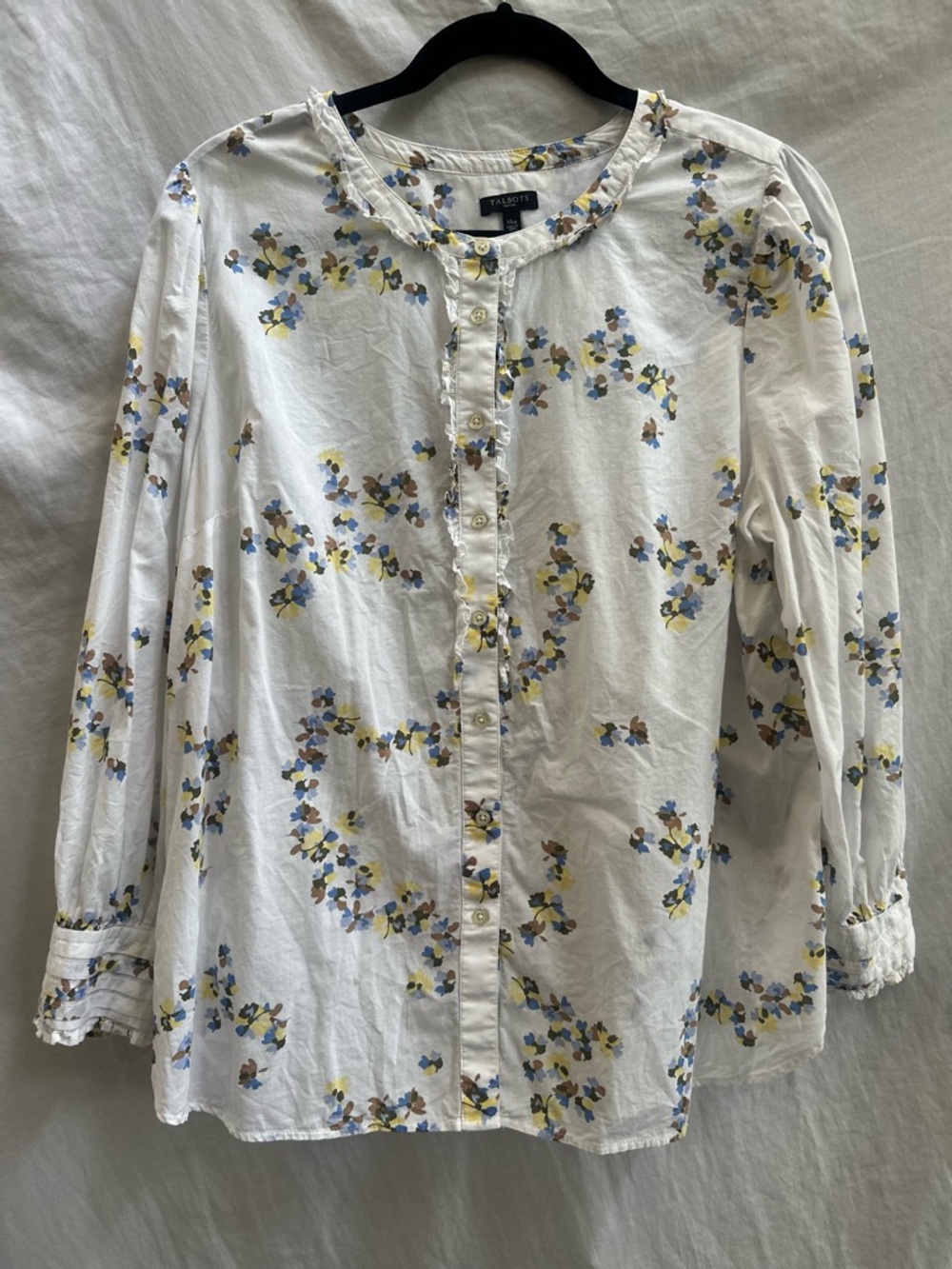 Talbots White Cotton Button-Front Floral Blouse